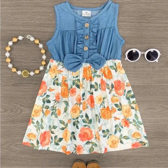 Peach Floral Denim Dress | Color: Blue/Orange | Size: Various | Eighthofaugust's Closet